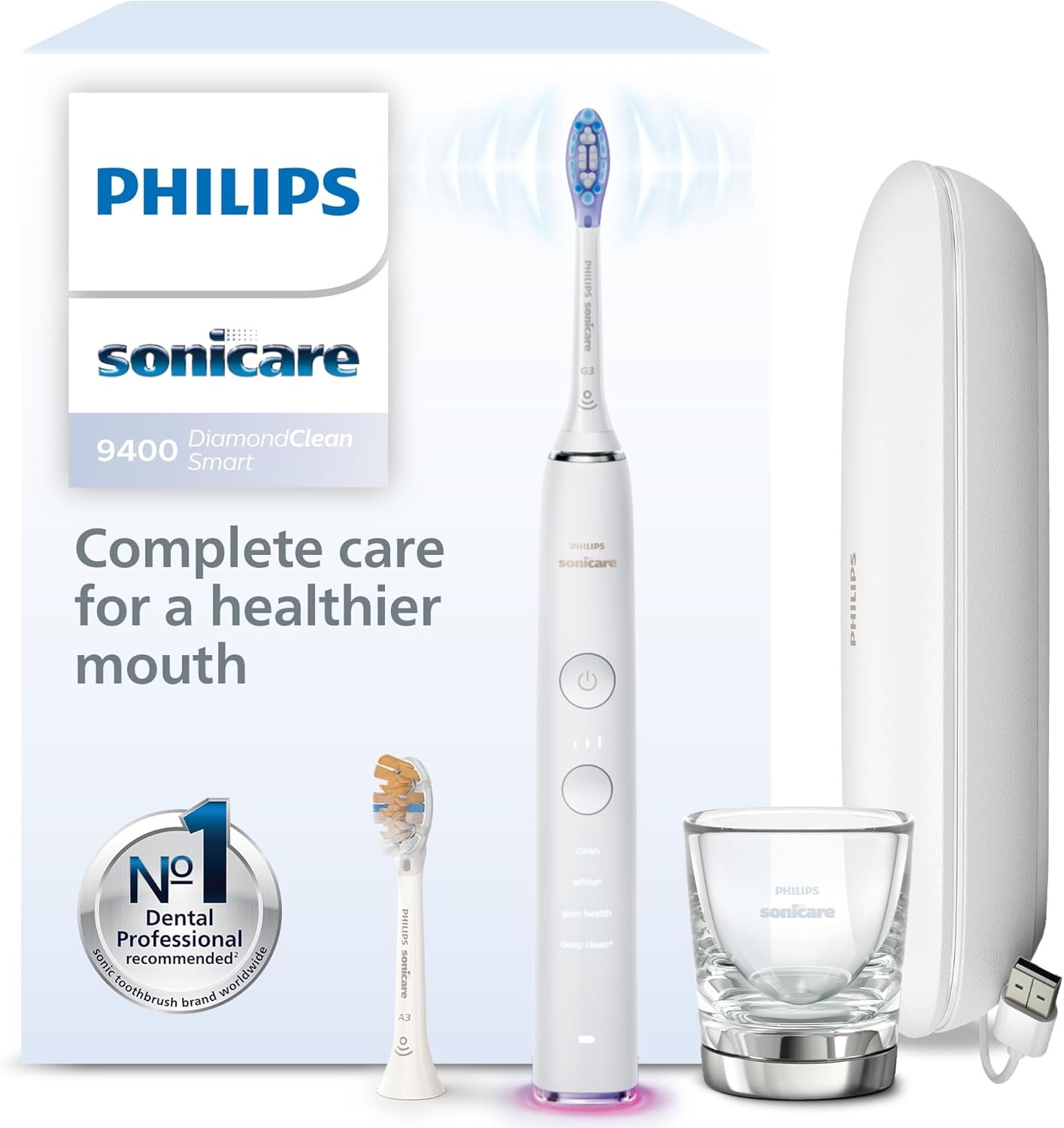 Philips Sonicare DiamondClean Smart 9400 Spazzolino Elettrico Sonico Bianco con App, Sensore di Pressione, Custodia da Viaggio - Modello HX9917/88