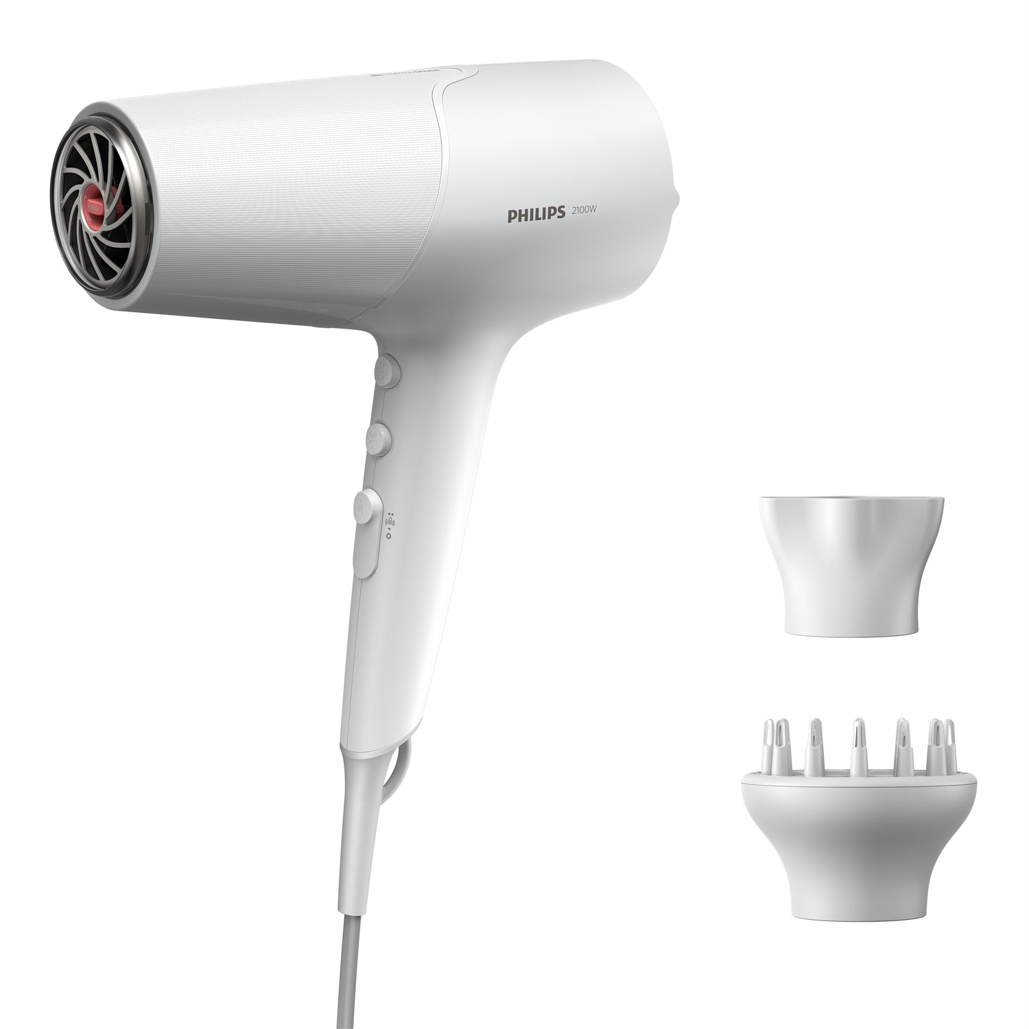 Philips Asciugacapelli Serie 5000 BHD500/20 - Asciugacapelli bianco e metallizzato con tecnologia ThermoShield, 2100W, diffusore di volume e beccuccio da 14 mm