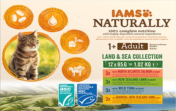 IAMS Naturally Adult Sea Collection - Cibo umido per gatti adulti, 12 x 85 g, con salmone, tonno, aringa e merluzzo