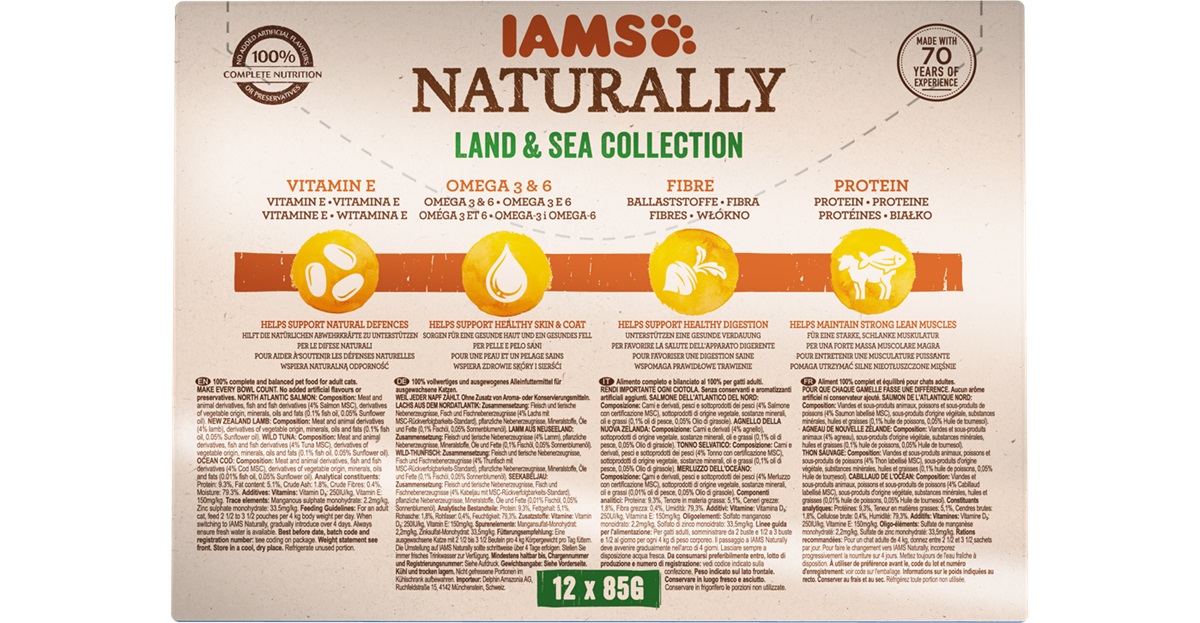 IAMS Naturally Adult Sea Collection - Cibo umido per gatti adulti, 12 x 85 g, con salmone, tonno, aringa e merluzzo