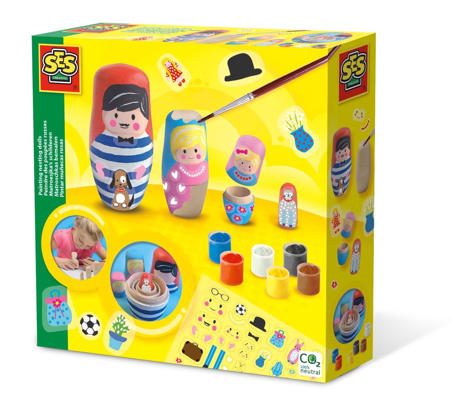 SES Creative Matriosche da Pitturare - Set di 4 Matrioske in Legno con 6 Colori Liquidi, Pennello e Adesivi per Decorare, da 5 Anni