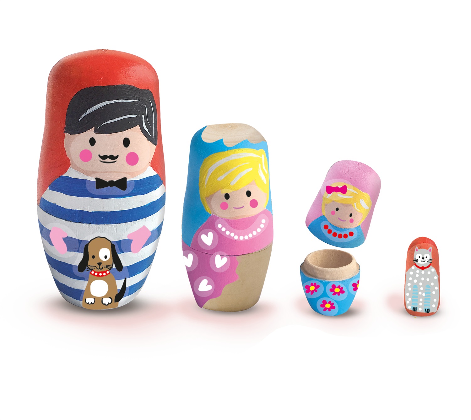 SES Creative Matriosche da Pitturare - Set di 4 Matrioske in Legno con 6 Colori Liquidi, Pennello e Adesivi per Decorare, da 5 Anni