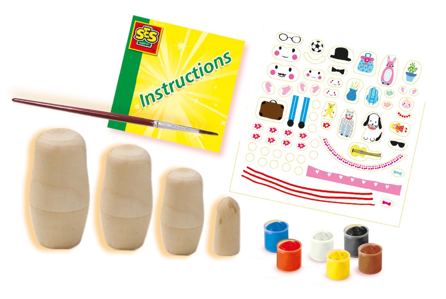 SES Creative Matriosche da Pitturare - Set di 4 Matrioske in Legno con 6 Colori Liquidi, Pennello e Adesivi per Decorare, da 5 Anni
