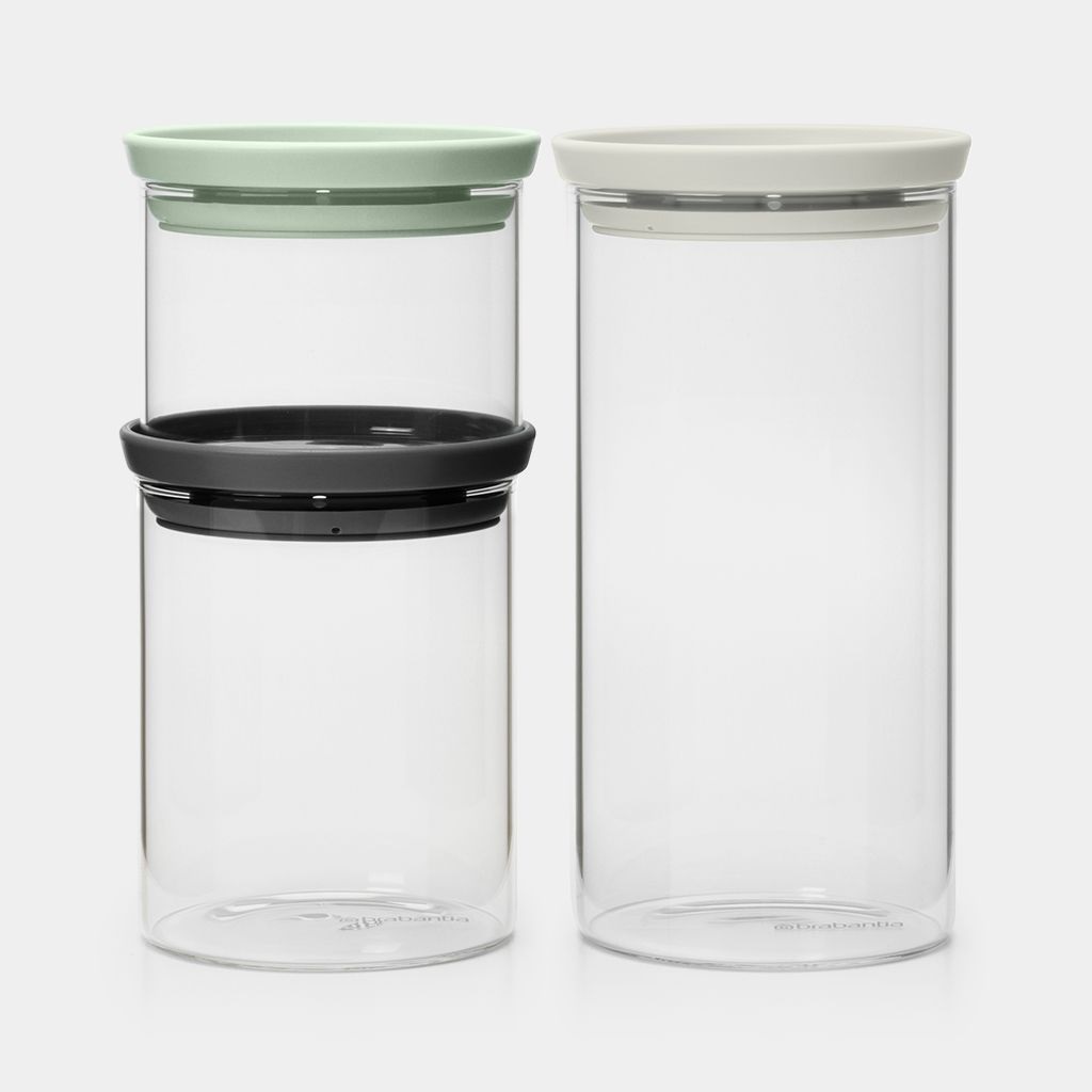 Brabantia Set di 3 Contenitori Impilabili per Cucina in Vetro e Plastica - Capacità 0.3L, 0.6L, 1.1L - Salvaspazio con Guarnizione in Silicone