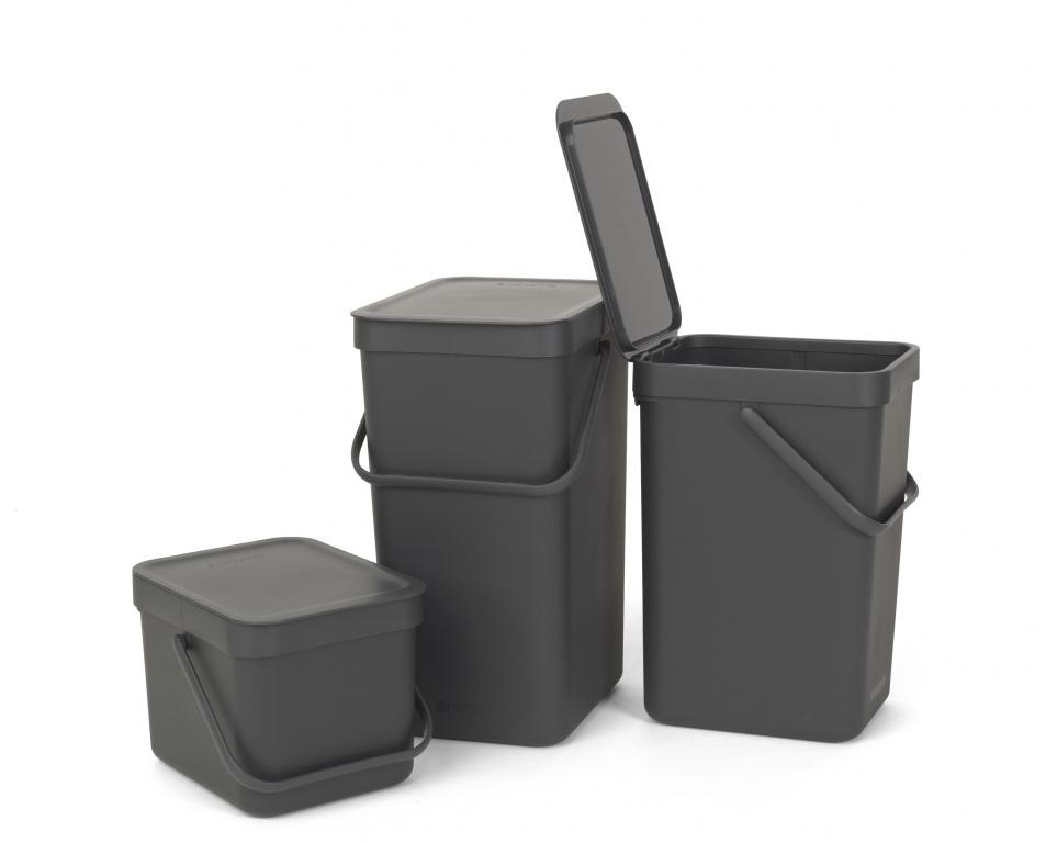 Brabantia Sort & Go Bidone per la Spazzatura 16L Grigio con Coperchio, Maniglia e Supporto Murale Inclusi
