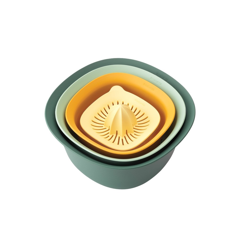 Brabantia Tasty Set di Ciotole Impilabili in Plastica con Base Antiscivolo, 1,5 e 3,2 Litri, Scolapasta e Spremiagrumi