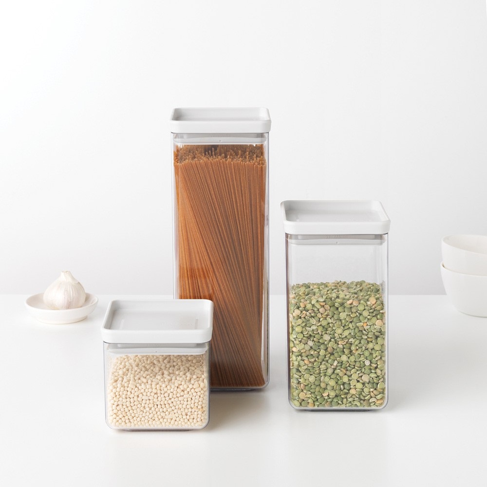Brabantia Tasty Barattolo Quadrato in Plastica Trasparente 0.7L - Salvaspazio, Impilabile, Chiusura Ermetica
