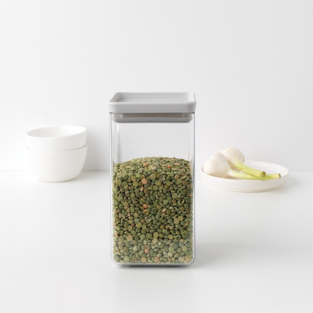 Brabantia Tasty Barattolo Quadrato Impilabile 1.6L in Light Grey - Salvaspazio, Chiusura Ermetica, Facile da Pulire