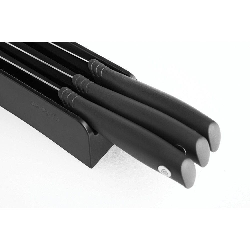 Brabantia Tasty Set di Coltelli con Ceppo - 3 Pezzi in Acciaio Inossidabile e Plastica, Dark Grey