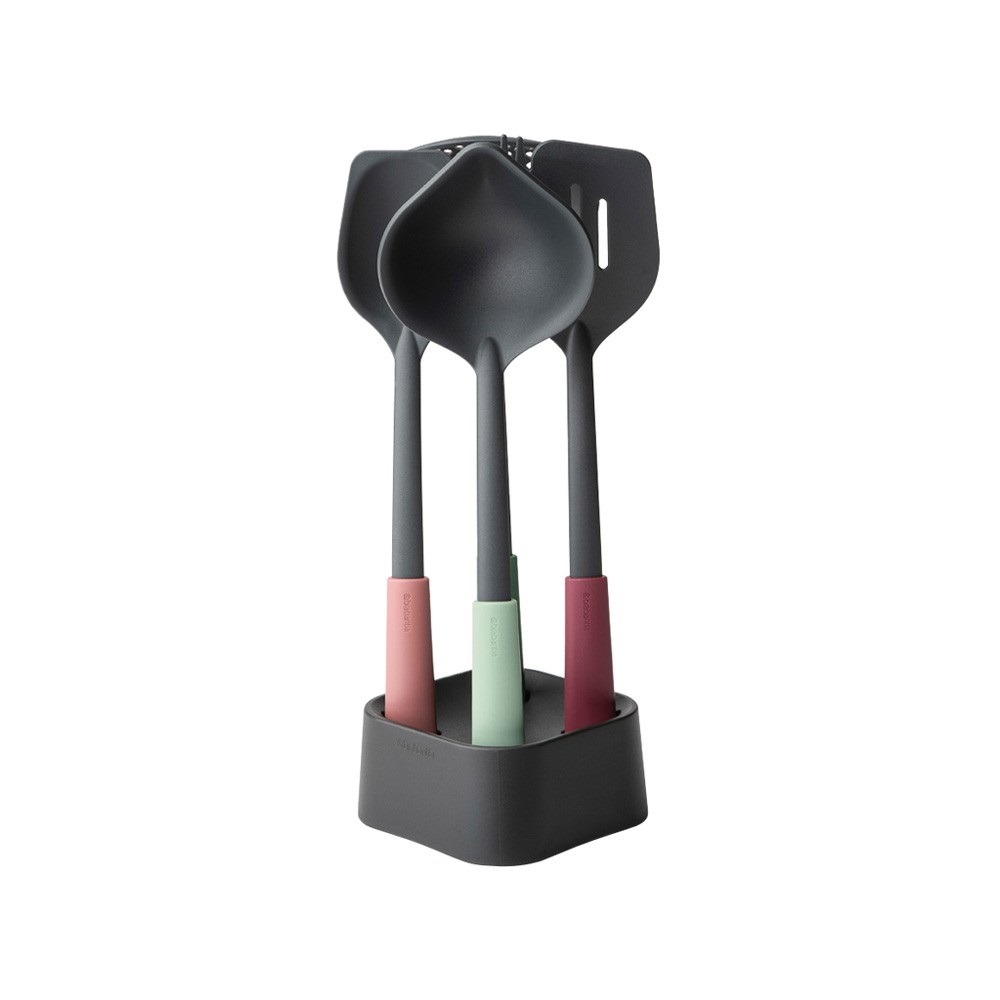 Brabantia Tasty Set 4 Utensili Multifunzionali con Base - Plastica/Nylon, Termoresistenti, Facili da Pulire, Colori Assortiti