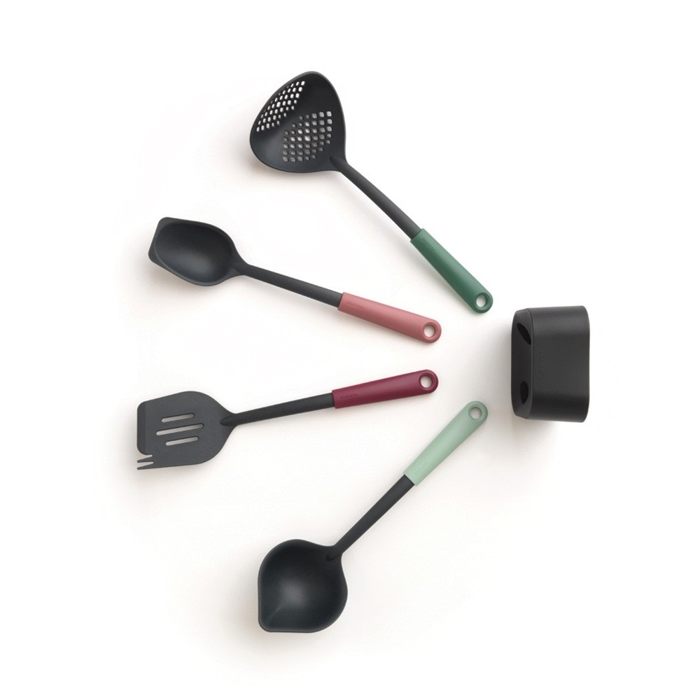 Brabantia Tasty Set 4 Utensili Multifunzionali con Base - Plastica/Nylon, Termoresistenti, Facili da Pulire, Colori Assortiti