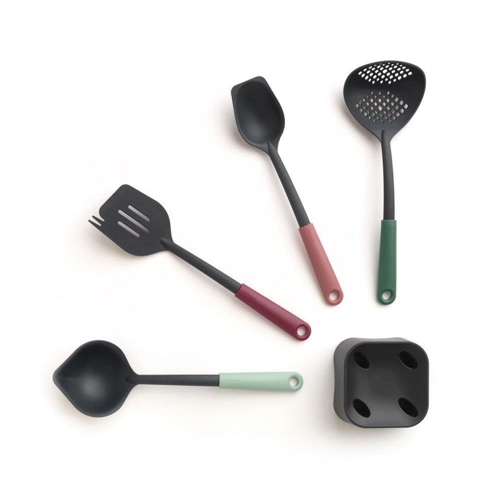 Brabantia Tasty Set 4 Utensili Multifunzionali con Base - Plastica/Nylon, Termoresistenti, Facili da Pulire, Colori Assortiti