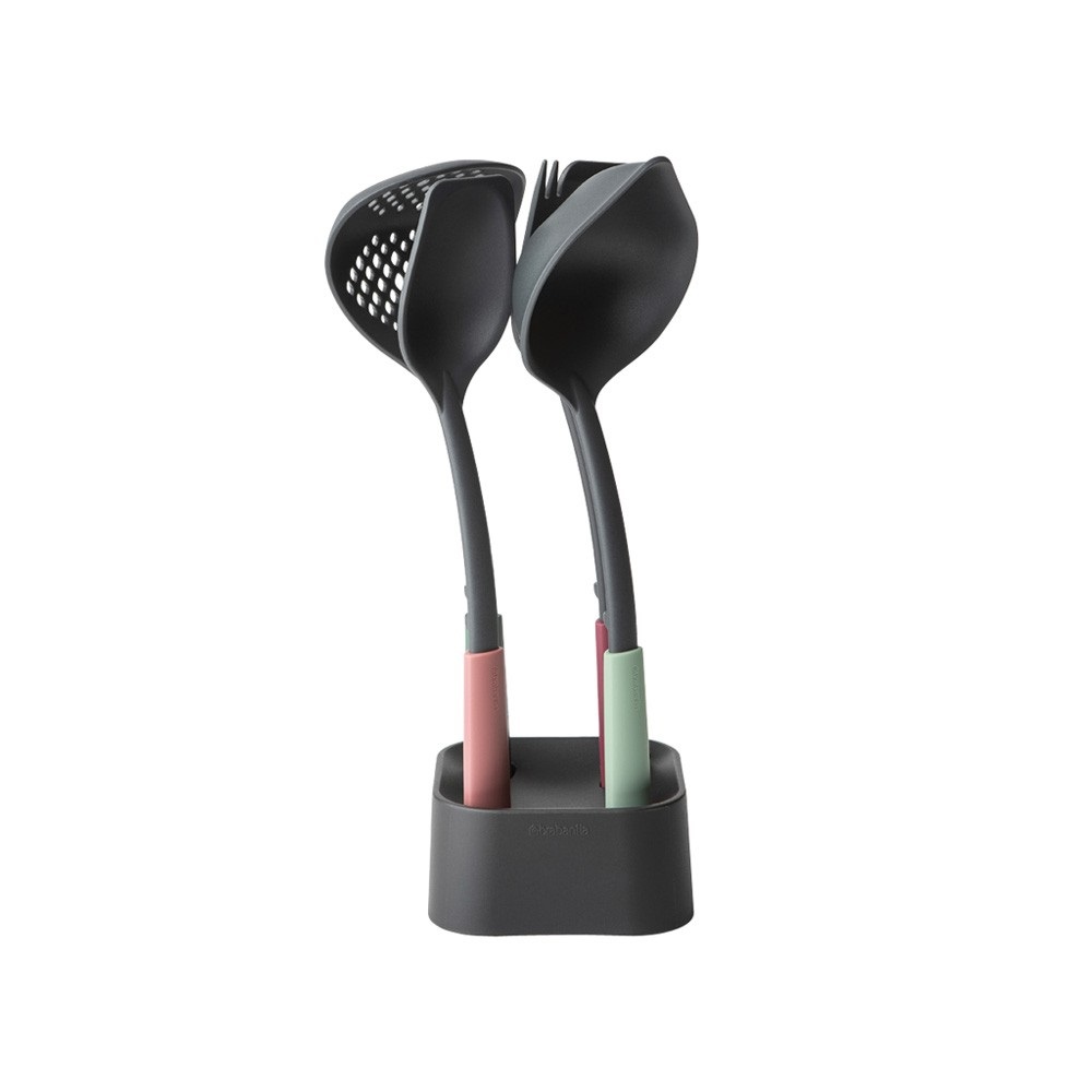 Brabantia Tasty Set 4 Utensili Multifunzionali con Base - Plastica/Nylon, Termoresistenti, Facili da Pulire, Colori Assortiti