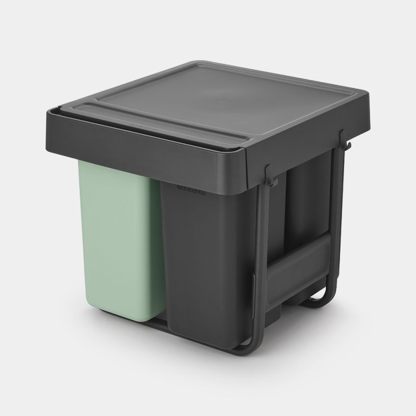 Brabantia Sort & Go Pattumiera estraibile 10 10 20L con tripli scomparti per raccolta differenziata - Grey & Green