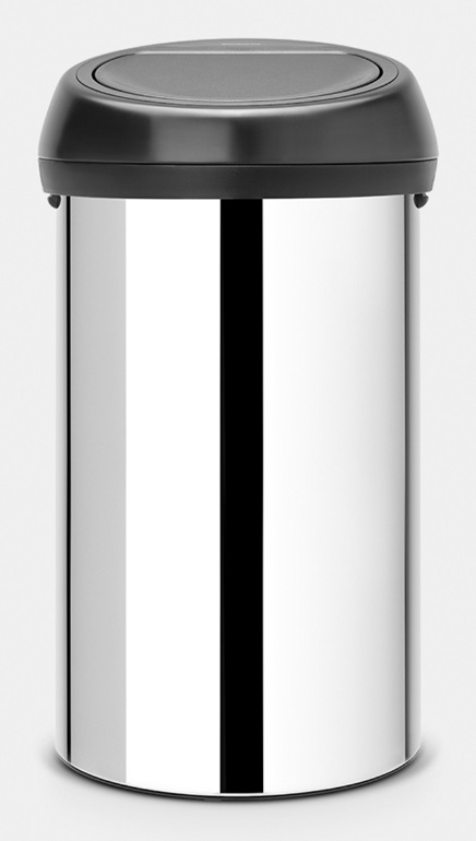 Brabantia Touch Bin Pattumiera in Acciaio Inox Lucido, 60 L, Coperchio Nero Opaco, Apertura XXL e Meccanismo Soft-Touch