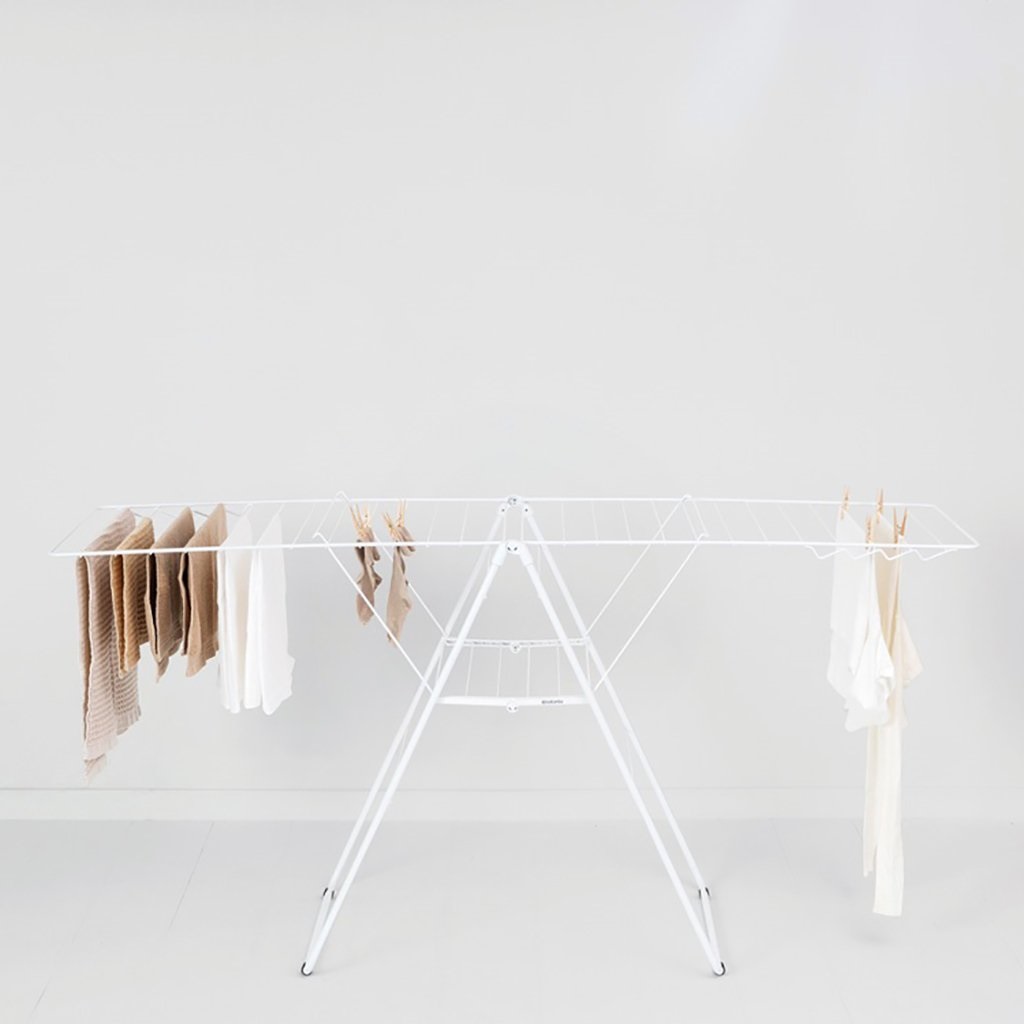 Brabantia HangOn Stendibiancheria da Pavimento in Acciaio Bianco Fresco, 25 Metri, Altezza Regolabile, Fino a Due Carichi di Biancheria