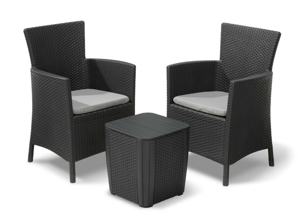 Keter Iowa Balcony Set da Giardino Grafite - 2 Poltrone Ergonomiche con Cuscini e Tavolino Contenitore