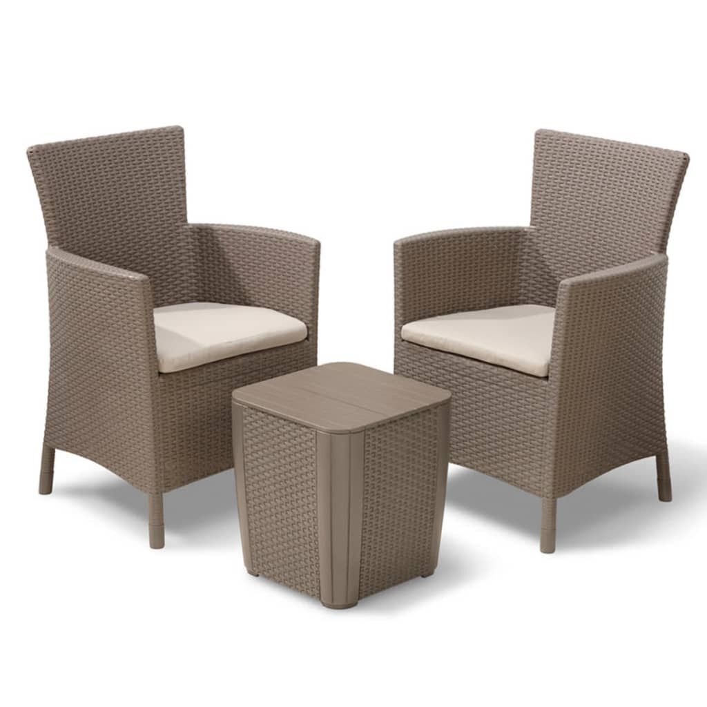 Keter Iowa Balcony Set - Set da Giardino in Resina Cappuccino con 2 Poltrone e Tavolino, Cuscini Inclusi