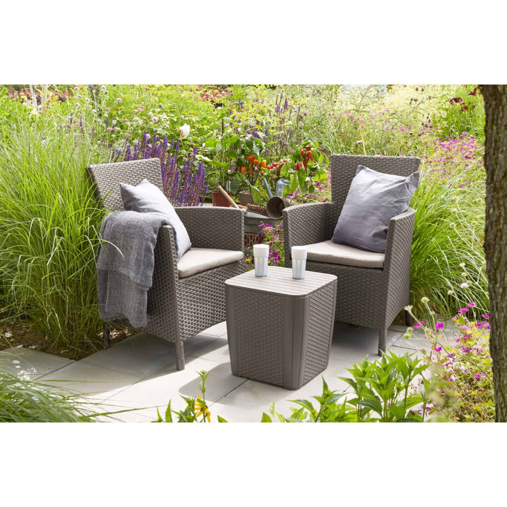 Keter Iowa Balcony Set - Set da Giardino in Resina Cappuccino con 2 Poltrone e Tavolino, Cuscini Inclusi