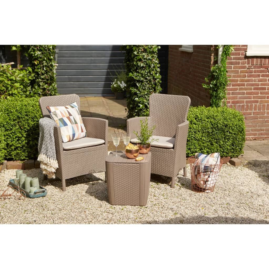Keter Iowa Balcony Set - Set da Giardino in Resina Cappuccino con 2 Poltrone e Tavolino, Cuscini Inclusi