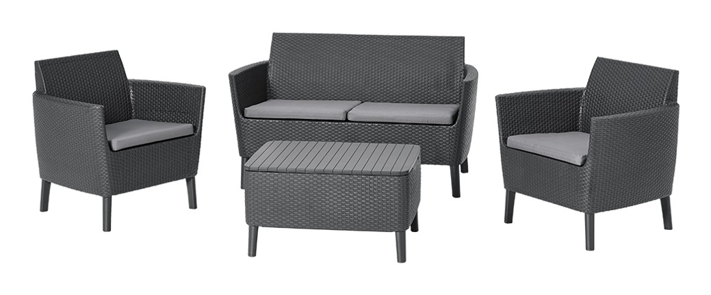 Keter Salemo Lounge Set - Set Mobili da Giardino in Rattan con Divano a 2 Posti, 2 Poltrone e Tavolino Contenitore, Colore Grafite