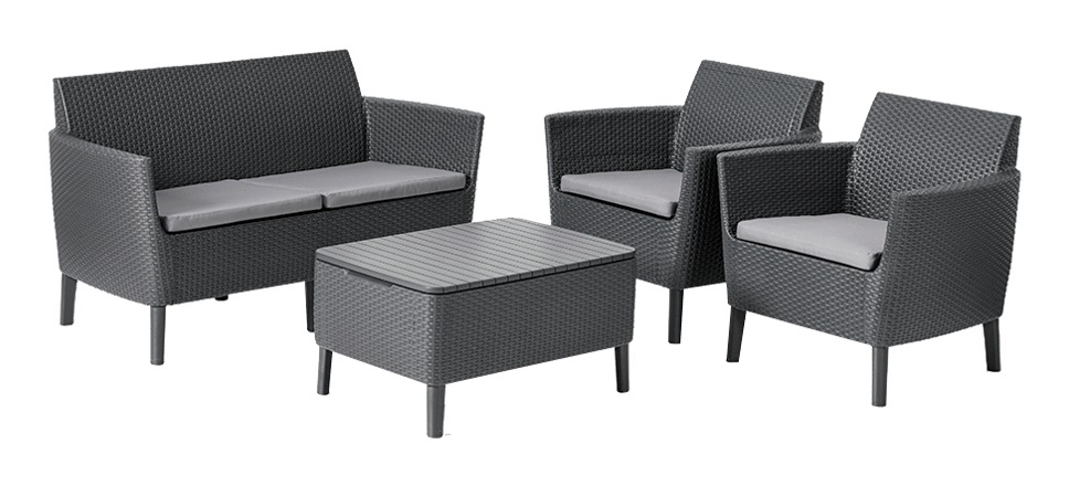 Keter Salemo Lounge Set - Set Mobili da Giardino in Rattan con Divano a 2 Posti, 2 Poltrone e Tavolino Contenitore, Colore Grafite