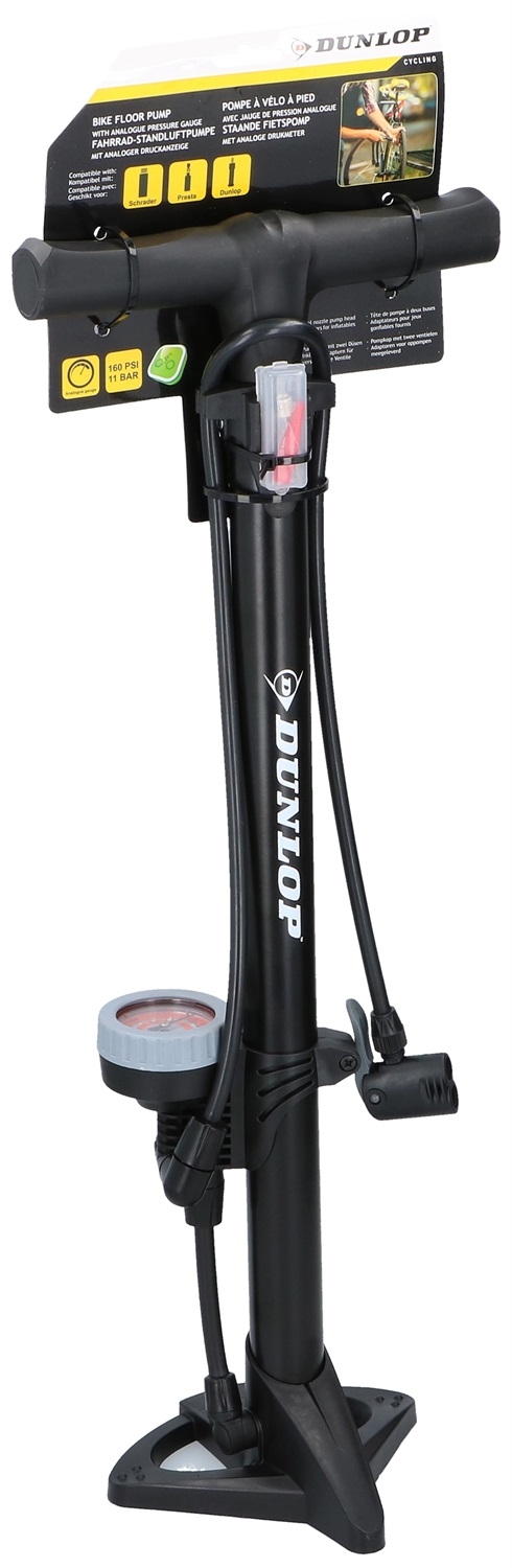 Dunlop Pompa da Terra per Bicicletta con Manometro Analogico, Adattatori per Valvole Schrader, Presta e Dunlop - Pressione Massima 12 bar/180 PSI