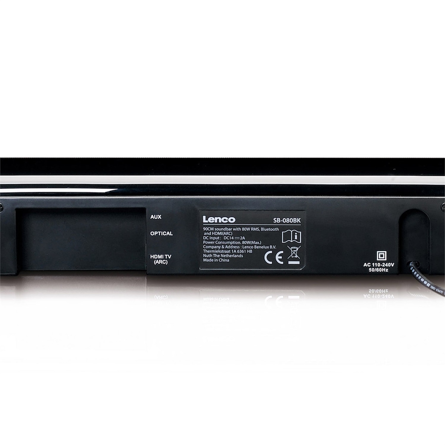 Lenco SB-080 Soundbar Bluetooth 5.0 con Subwoofer Integrato, 80W RMS, HDMI, AUX e RCA, Montaggio a Parete, Nera
