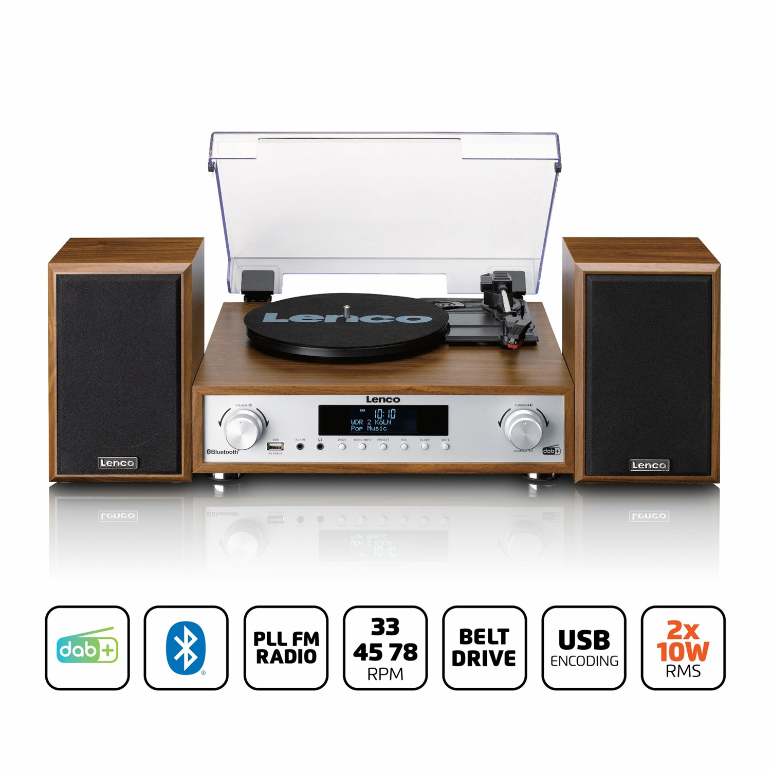 Lenco MC-160WD Giradischi in Legno con Bluetooth, Radio DAB /FM, Codifica MP3 e Altoparlanti 2x10W
