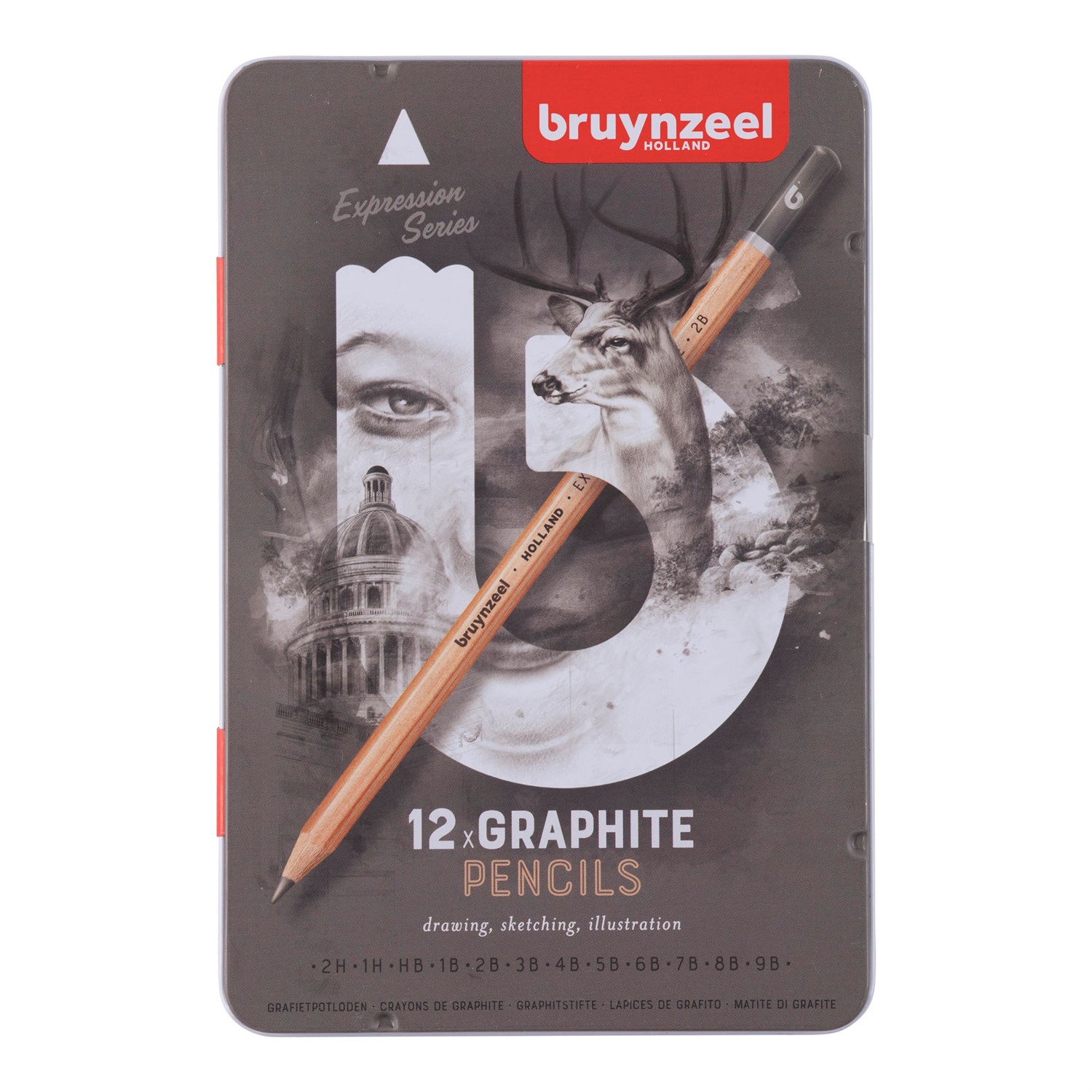 Bruynzeel Expression Set di 12 Matite di Grafite - Durezza 2H-9B, Contenitore Riutilizzabile in Legno di Cedro
