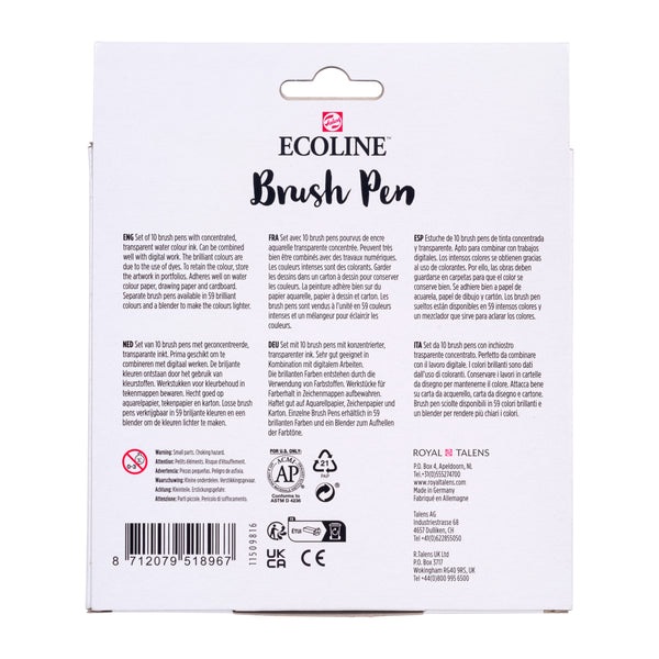 Bruynzeel Ecoline Pennello Acquerello Set da 10 Pz - Sfumabili, Alta Trasparenza e Brillantezza