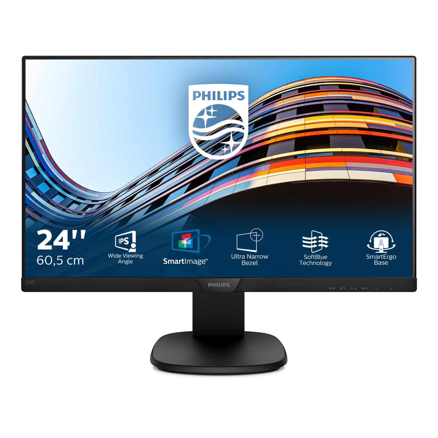 Philips 243S7EHMB Monitor 23.8'' IPS LED Full HD 1920x1080, 5ms, Regolabile in Altezza, Girevole, Pivot, Inclinabile, Casse Audio Integrate, SoftBlue, HDMI, VGA, VESA, Nero