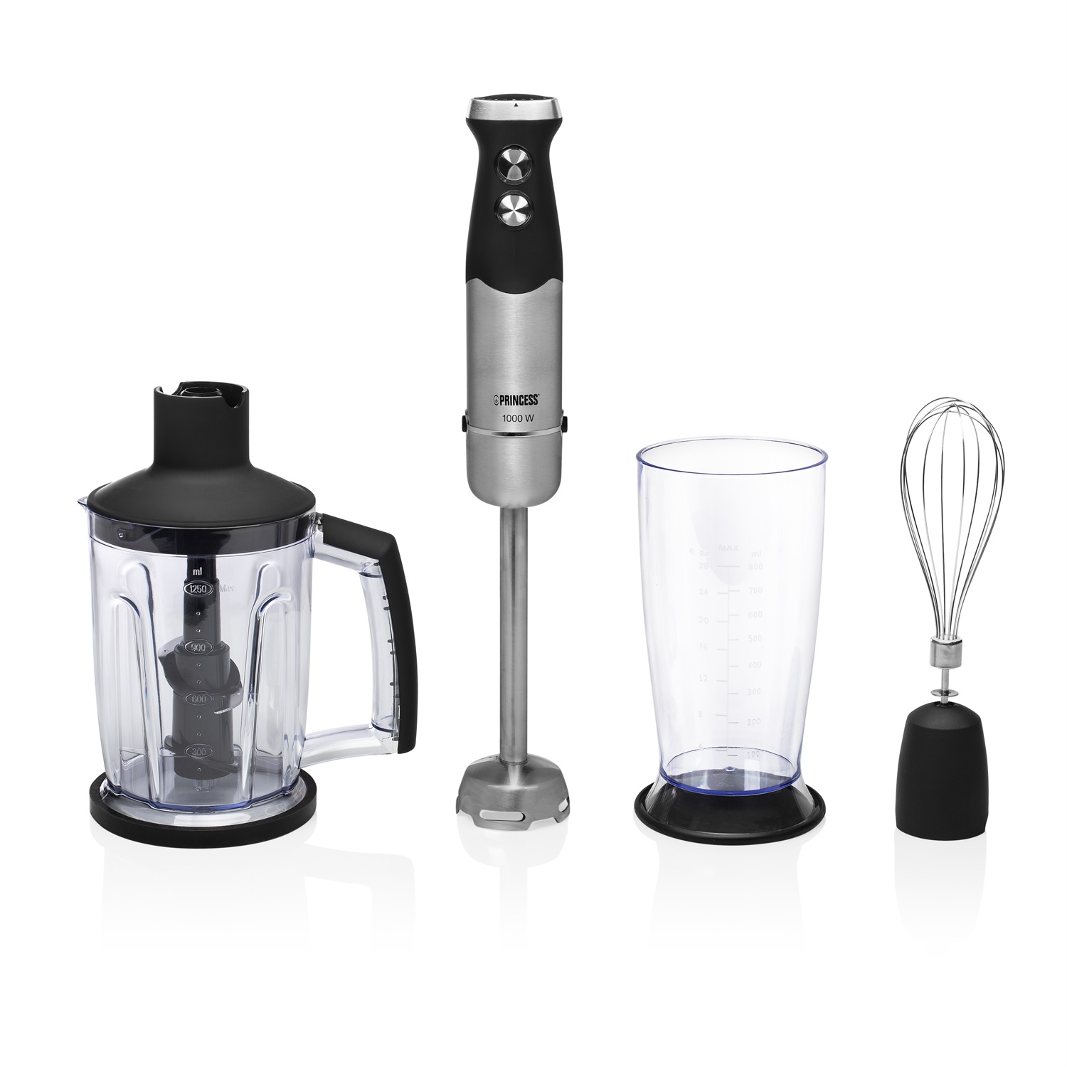 Princess Frullatore a Immersione Set Mixer 1000W, 0,8L, 25 Velocità, Nero, Acciaio Inossidabile