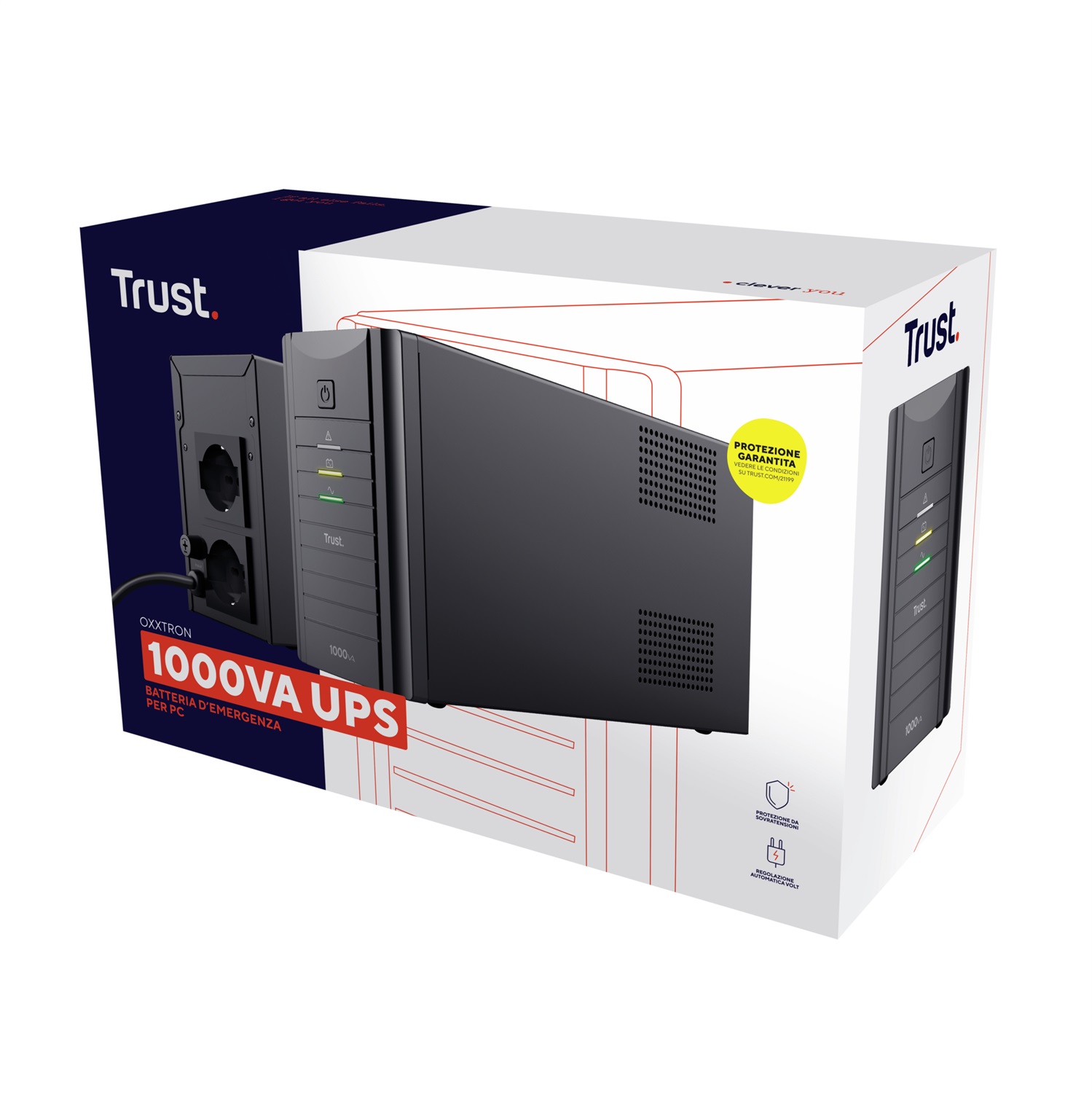 Trust Oxxtron Gruppo di Continuità 1000 VA UPS con 2 Prese a Parete Protette, Batteria Integrata, Sinusoidale, Nero