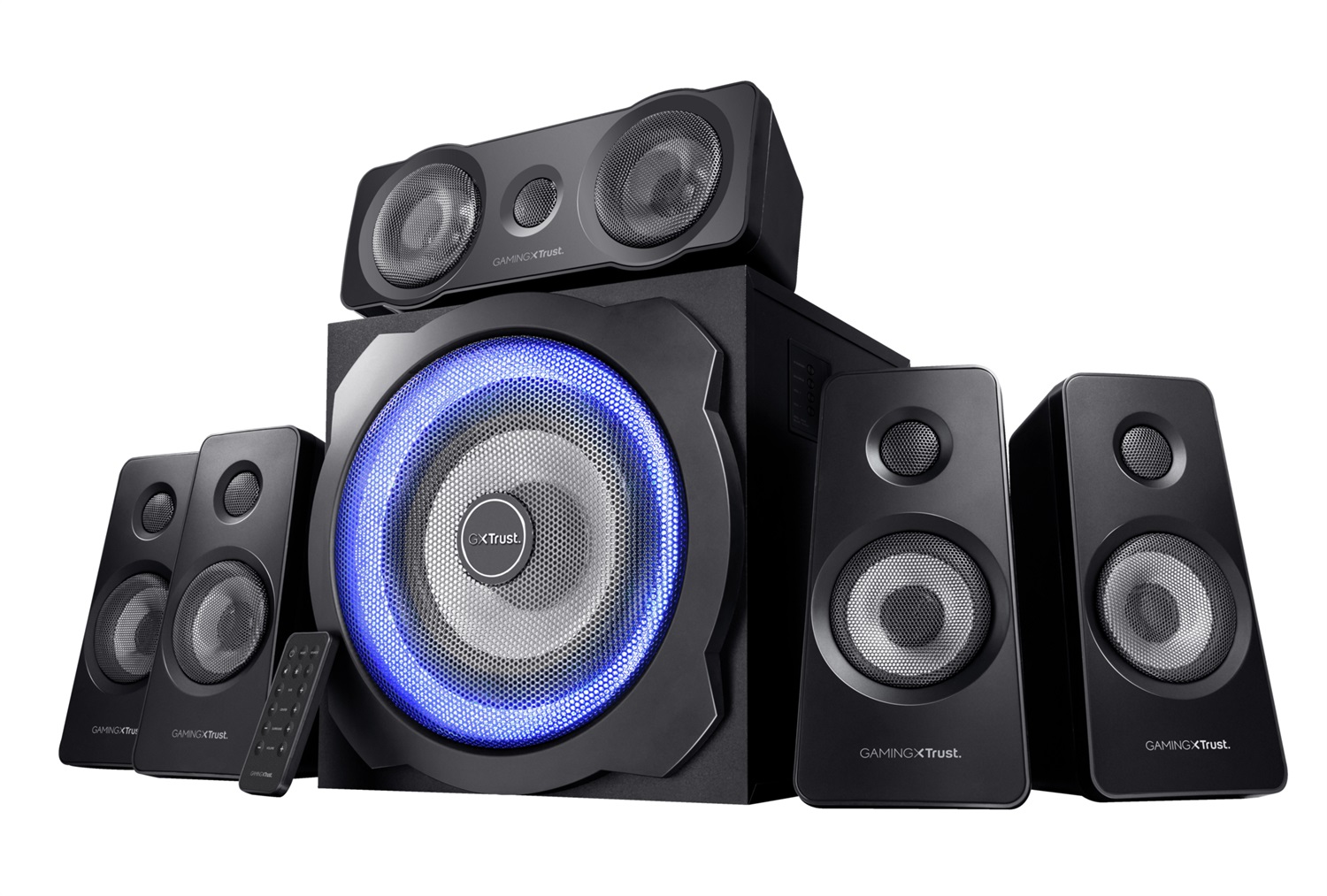 Trust GXT 658 Tytan Set di Altoparlanti Surround 5.1 con Subwoofer in Legno Illuminato LED Blu, Potenza Totale 180 W, Nero