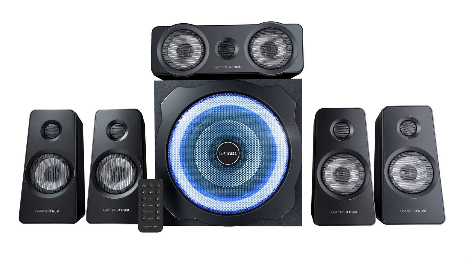 Trust GXT 658 Tytan Set di Altoparlanti Surround 5.1 con Subwoofer in Legno Illuminato LED Blu, Potenza Totale 180 W, Nero