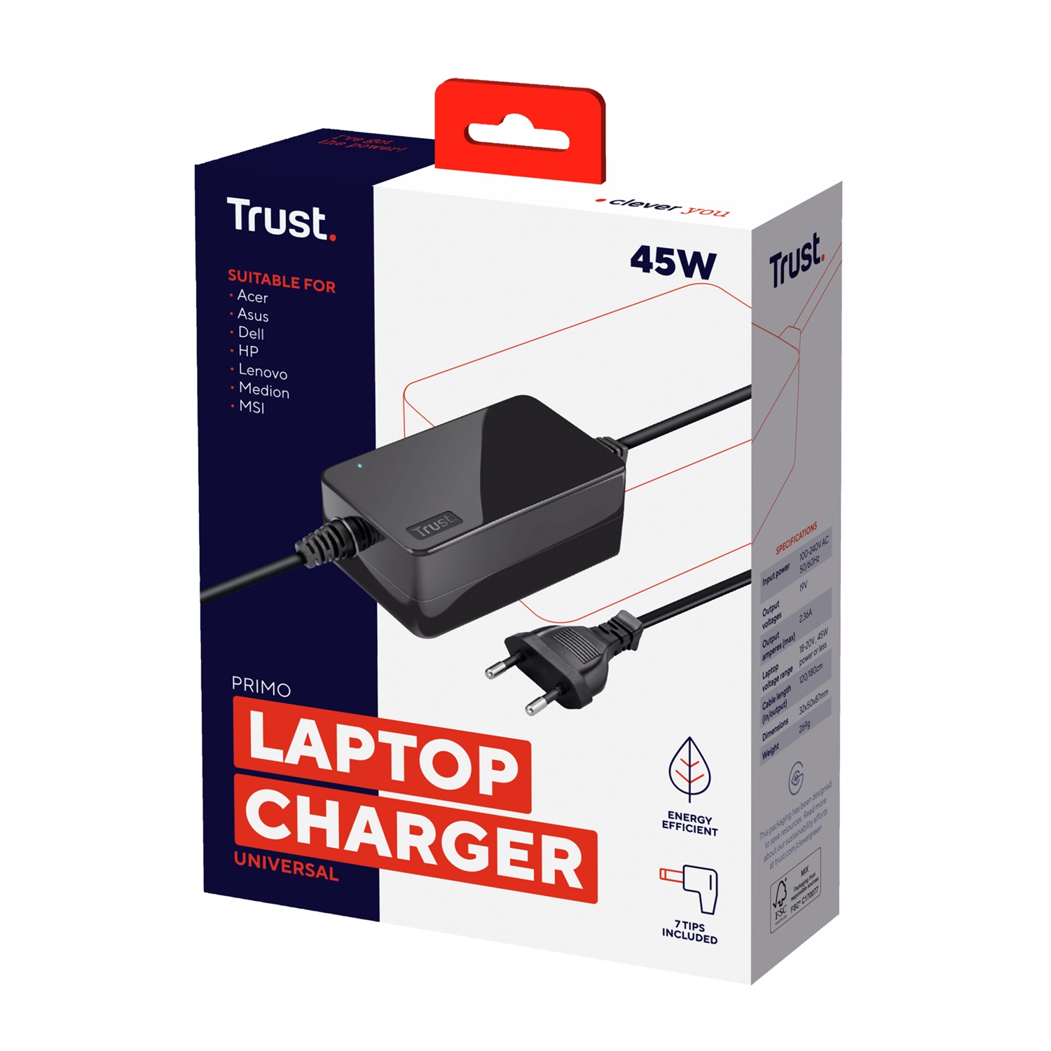 Trust Primo Caricabatterie Universale per Laptop 45 W, Nero - Compatibile con Acer, Asus, Dell, HP, Lenovo, Medion, MSI, Packard Bell e Samsung