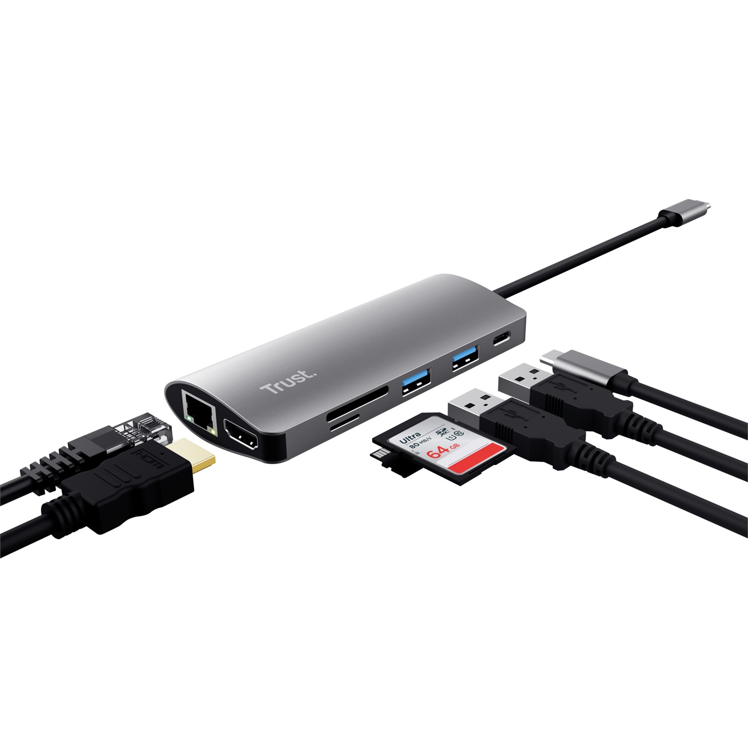 Trust Dalyx Adattatore Multiporta USB-C 7-in-1 con HDMI, 2x USB-A, RJ-45, Lettore Micro SD e SD - Alluminio