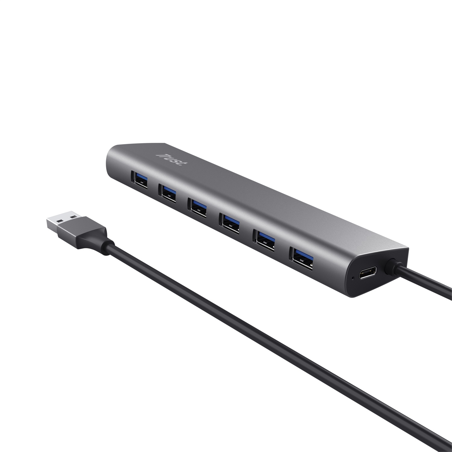 Trust Halyx Hub USB 7 Porte 3.2 Gen 1 - Sdoppiatore USB con Porta di Alimentazione USB-C, Trasferimento Dati 5 Gbps, Alluminio Grigio
