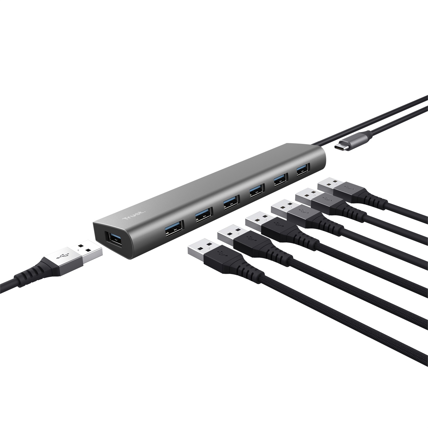 Trust Halyx Hub USB 7 Porte 3.2 Gen 1 - Sdoppiatore USB con Porta di Alimentazione USB-C, Trasferimento Dati 5 Gbps, Alluminio Grigio