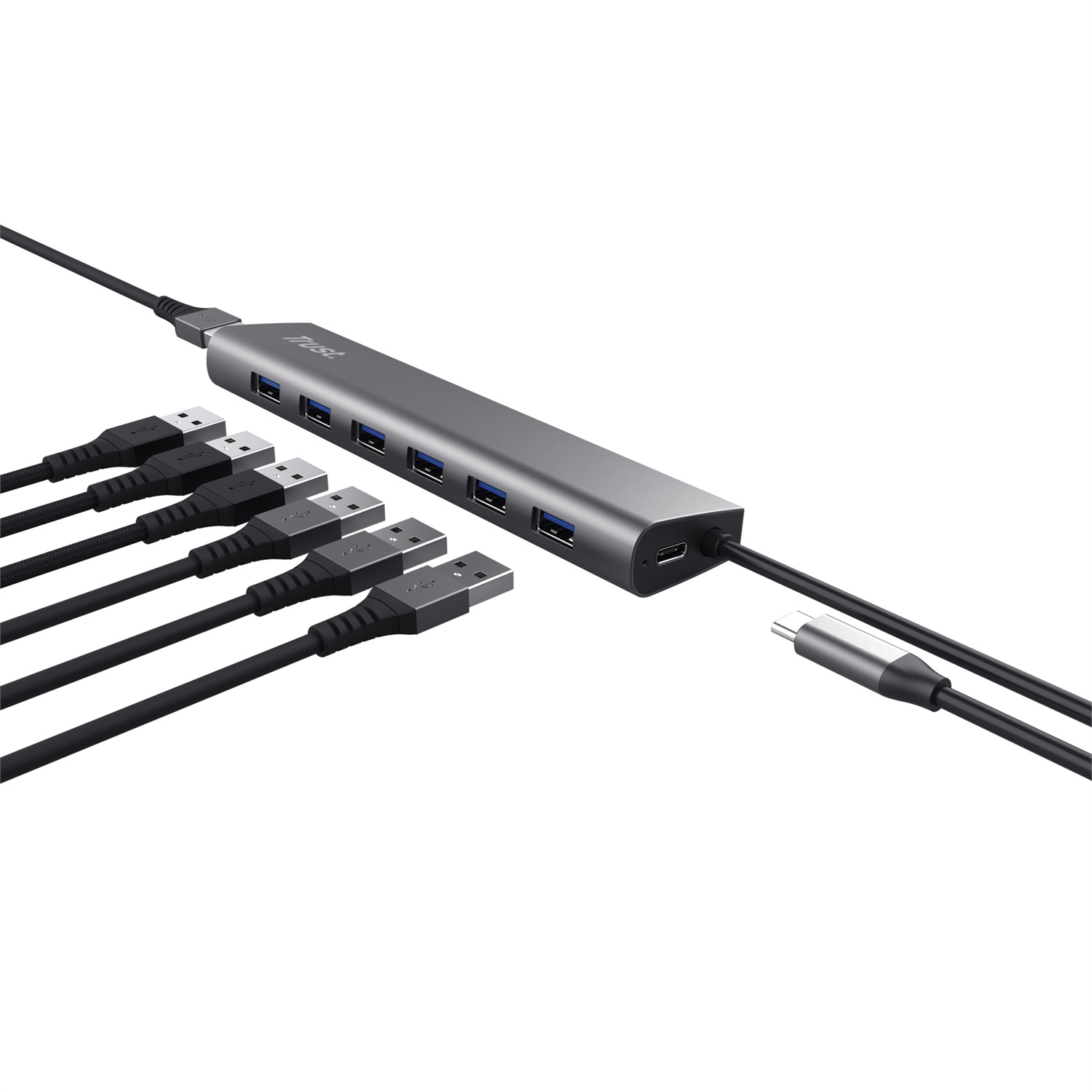 Trust Halyx Hub USB 7 Porte 3.2 Gen 1 - Sdoppiatore USB con Porta di Alimentazione USB-C, Trasferimento Dati 5 Gbps, Alluminio Grigio