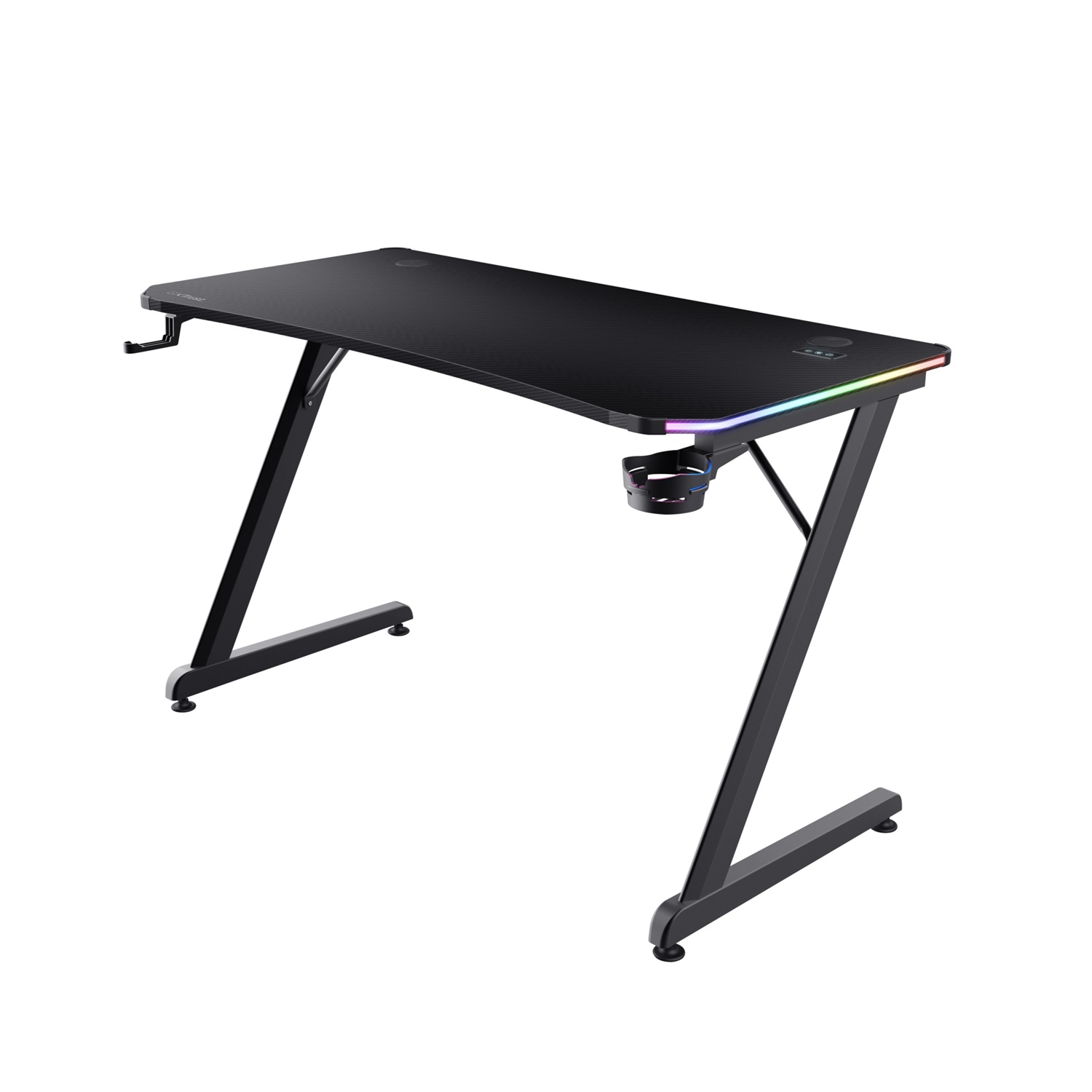 Trust GXT 709 Luminus Scrivania Gaming LED RGB 120x60cm con 10 Modalità Colore, Alimentazione USB, Supporto per Cuffia e Portabicchiere - Nero