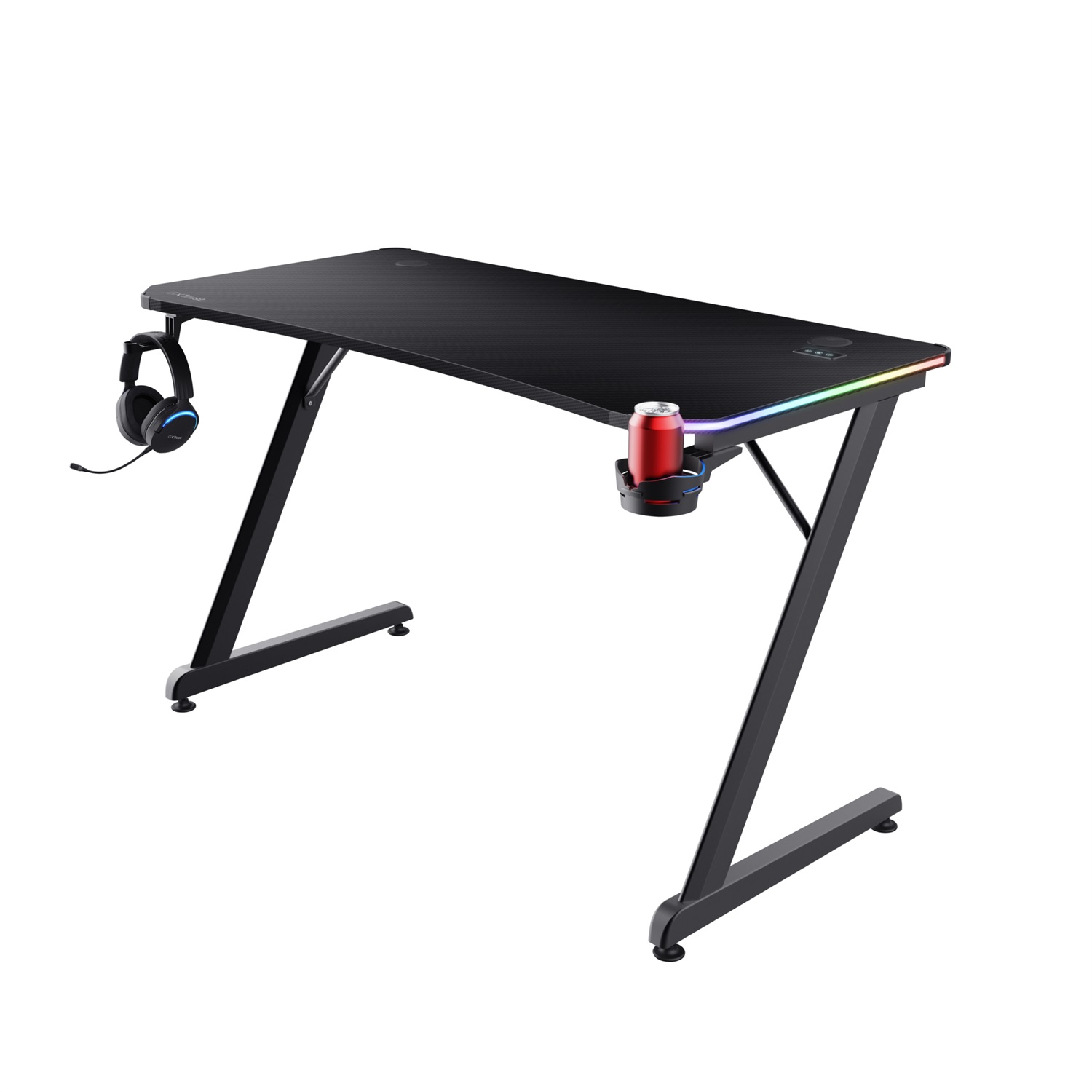 Trust GXT 709 Luminus Scrivania Gaming LED RGB 120x60cm con 10 Modalità Colore, Alimentazione USB, Supporto per Cuffia e Portabicchiere - Nero