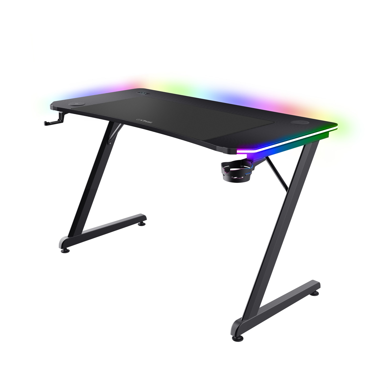 Trust GXT 710 Luminus Pro Scrivania Gaming 120x60 cm con LED RGB, Caricatore Wireless da 10W, Portabicchiere e Gancio per Cuffie, Nero
