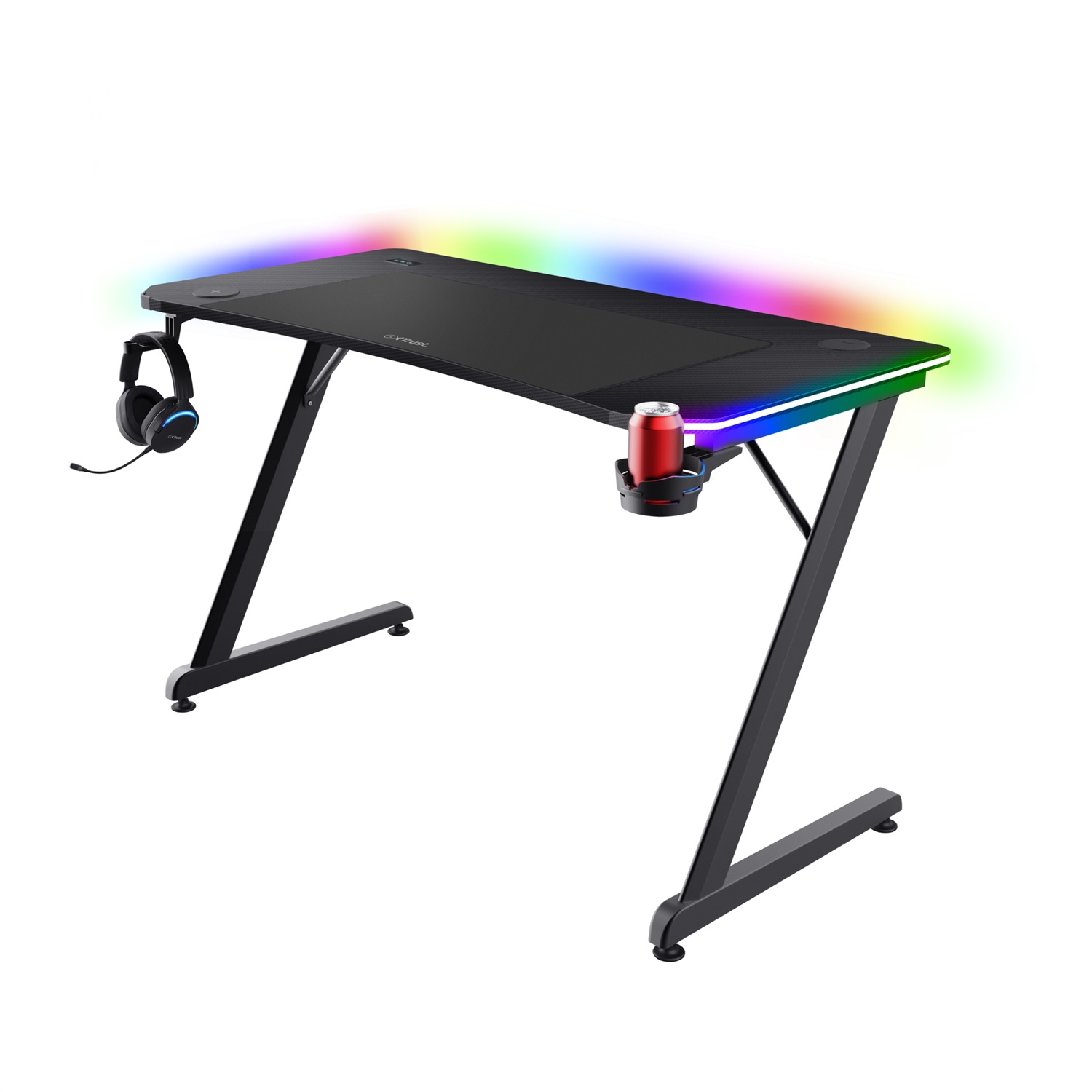 Trust GXT 710 Luminus Pro Scrivania Gaming 120x60 cm con LED RGB, Caricatore Wireless da 10W, Portabicchiere e Gancio per Cuffie, Nero