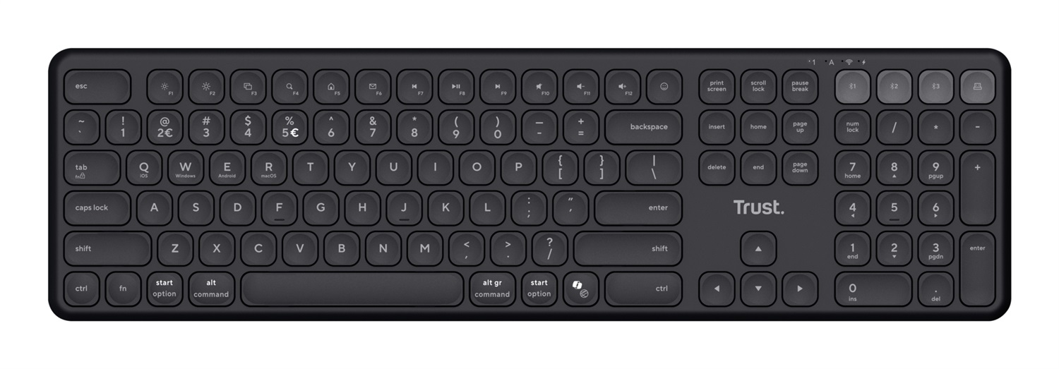 Trust Vaiya Tastiera Wireless Multi-Dispositivo Full-size USB RF Bluetooth Italiano QWERTY, Meccanismo a Forbici, 55% Plastica Riciclata, Compatibile con Windows, iOS, macOS, Android, Nero