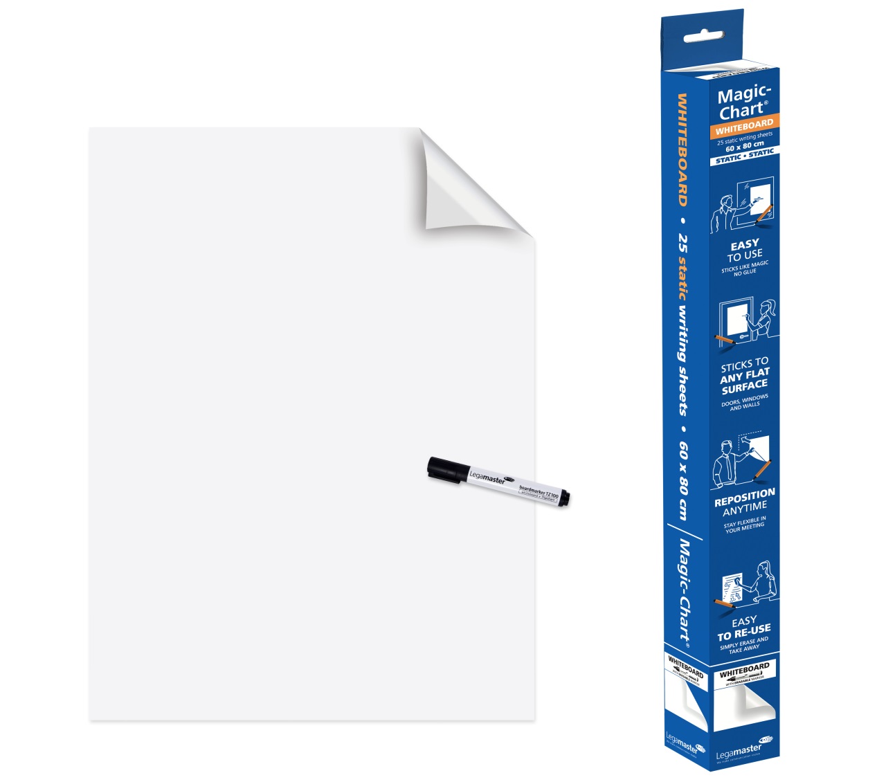 Legamaster Fogli Elettrostatici Magic Chart - 60 x 80 cm - Bianco Lucido - Rotolo da 25 Pezzi - Superficie Scrivibile