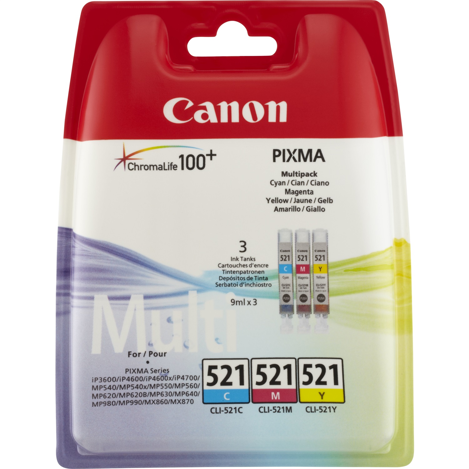 Canon Multipack CLI-521 Ciano, Magenta, Giallo - 3 Serbatoi da 9 ml - Codice 2934B010