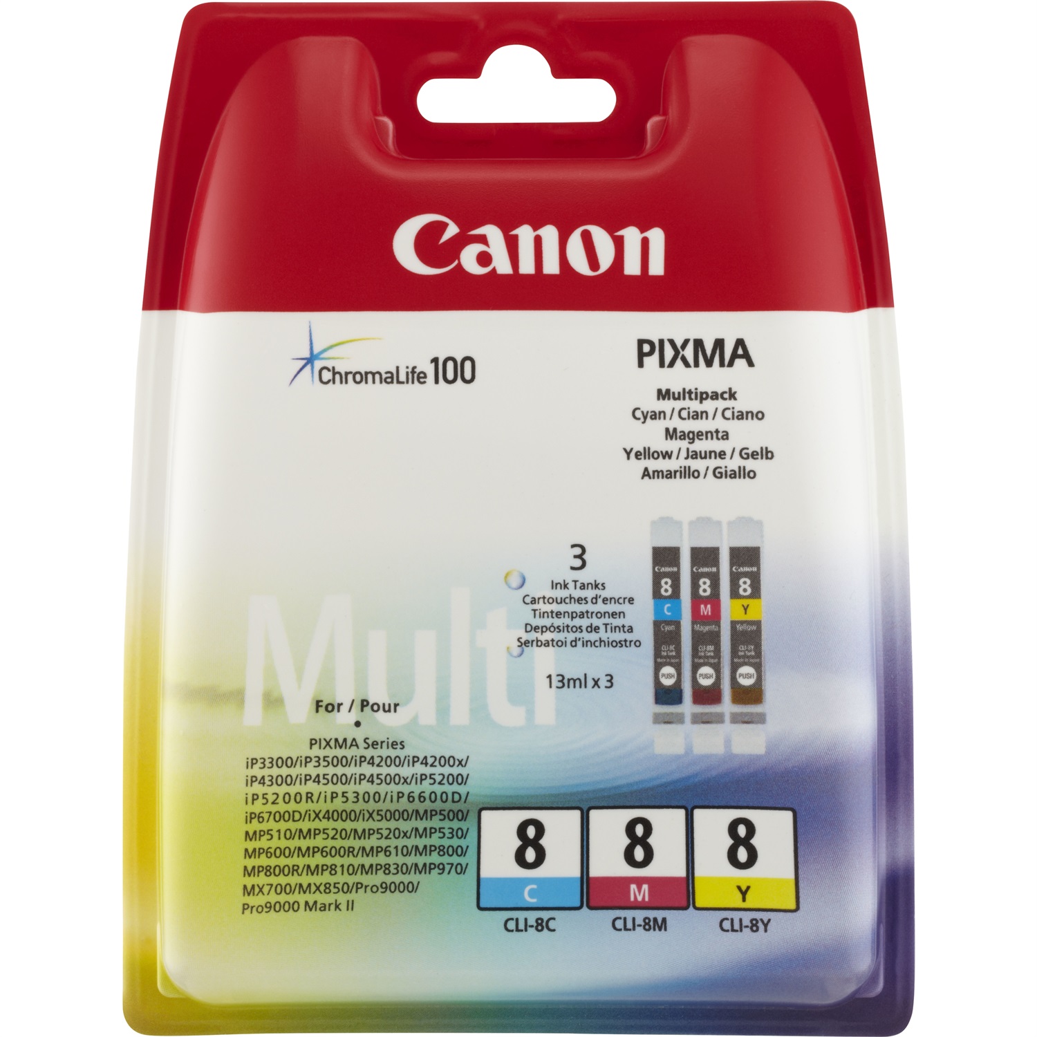 Canon CLI-8 0621B029 Cartucce d'inchiostro Multipack Ciano, Magenta, Giallo - 3 pz, 13ml ciascuna, Inchiostro a base di pigmento
