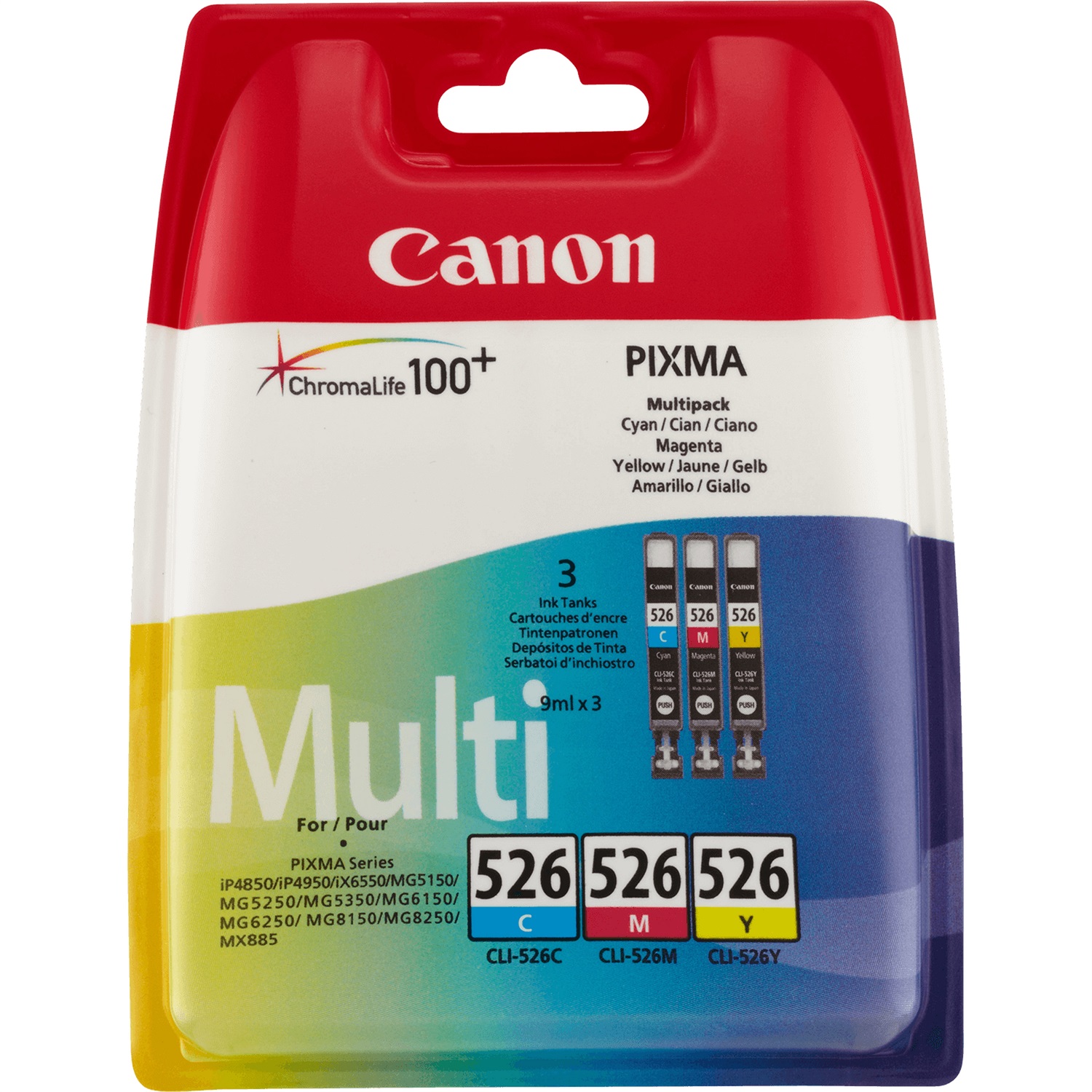 Canon CLI-526 Multipack Cartucce d'Inchiostro Ciano, Magenta e Giallo - 4541B009 - 3x9 ml